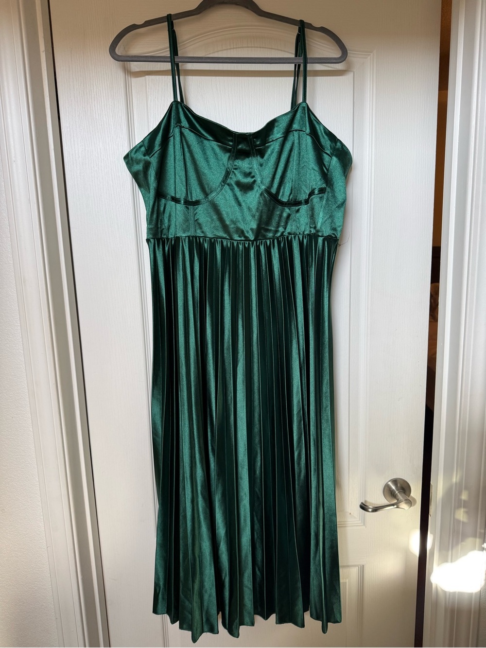 Cider Emerald Green Satin Bustier Pleated Midi Dress